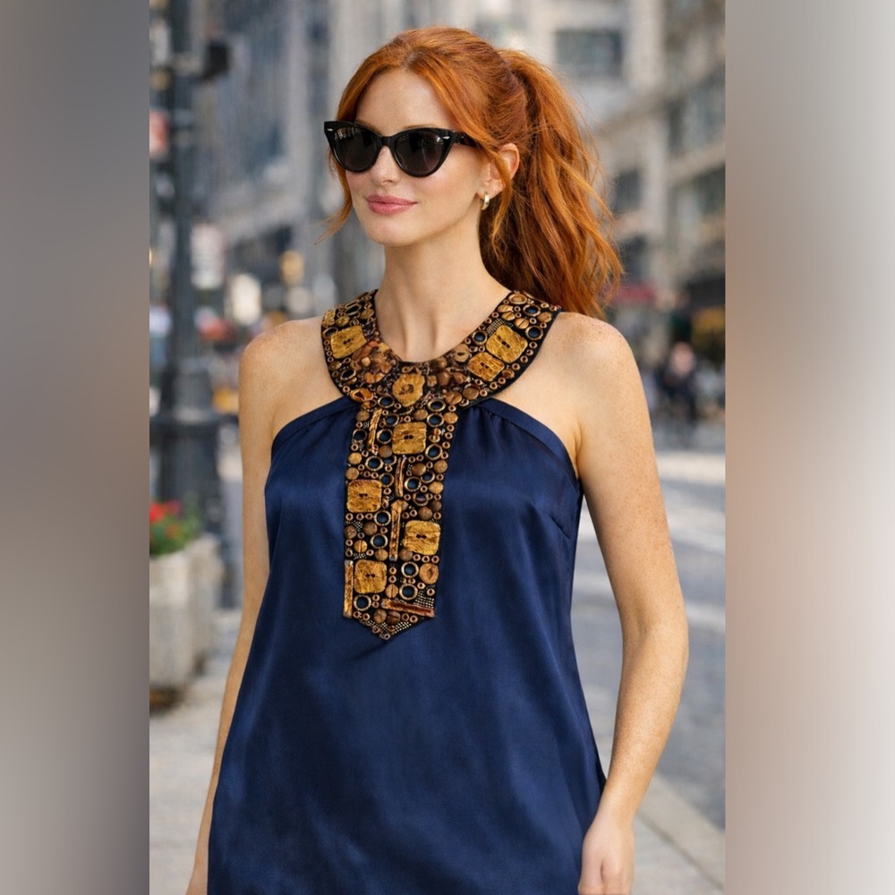 LaROK 100% Silk Embellished Bib Neck Shift Dress Blue Boho Resort M
